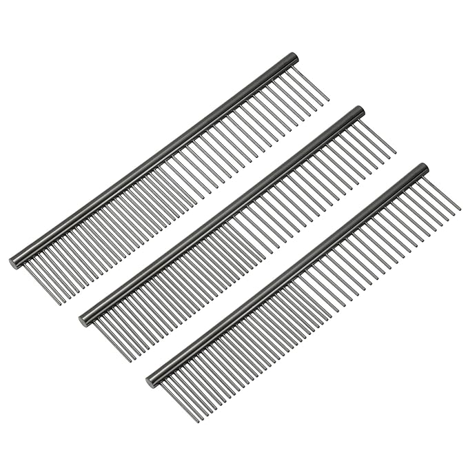 Dog Cat Comb, Pet Combs Stainless Steel Teeth with Rounded Ends for Knots Mats Loose Hair Removal, 6.5IN (Black Plated, 3 Pack), Grooming Tool Intended for Long Curly Hair Pet