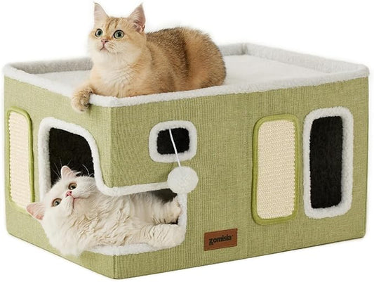ZOMISIA Extra-Wide Cat House for Indoor Cats - Large Cat House for Pet with Fluffy Ball Hanging and Scratch Pad, Foldable Cat Hideaway for Multi Cats, 23x16.5x13 inches, Green
