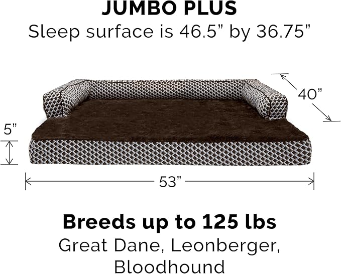 Furhaven Orthopedic Dog Bed for Large Dogs w/ Removable Bolsters & Washable Cover, For Dogs Up to 125 lbs - Plush & Woven Decor Comfy Couch Sofa - Diamond Brown, Jumbo Plus/XXL