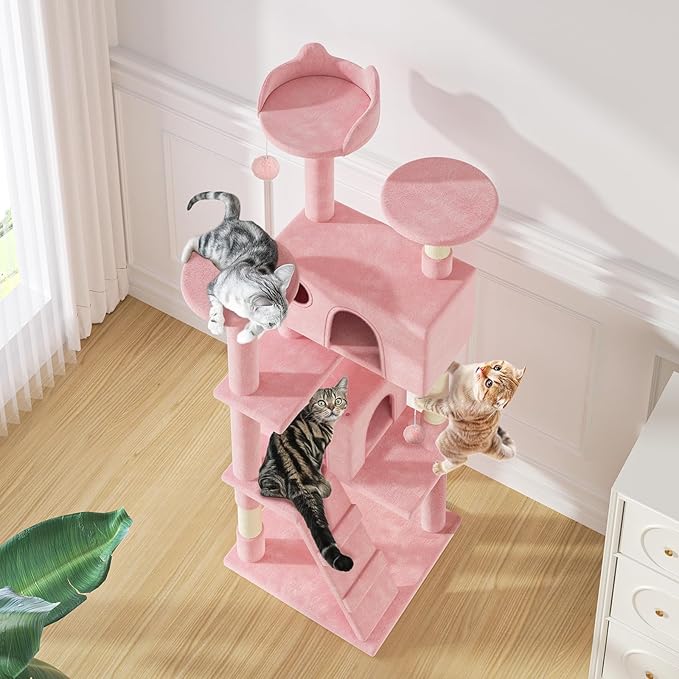 MoNiBloom 60 Inch Cat Tree Tower for Indoor Cats Large Adults, Pink Cat Tower with Scratching Post, Multi-Level Furniture Activity Center with Cat Condo Pet Play House, Soft Pink