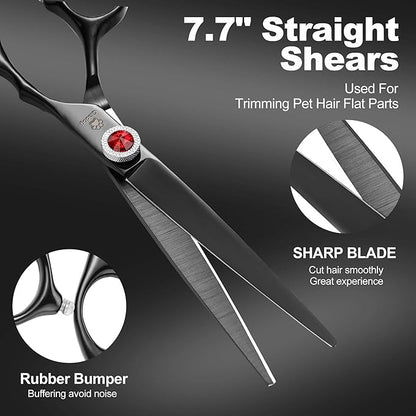 GLADOG 7 Inch Professional Dog Grooming Scissors Kit, Titanium Dog Scissors for Grooming, Heavy-Duty Dog Shears for Grooming, 6-in-1 Pet Grooming Scissors for Dogs (Pro Black)