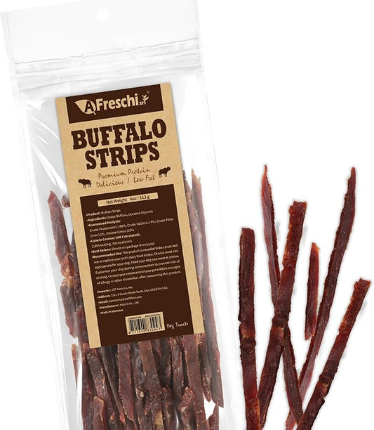 AFreschi Buffalo Dog Treats, All-Natural, Hypoallergenic, High Protein, Low Fat, Human Grade Puppy Chews – Healthy Grain-Free Training Treats, 4oz Jerky Strips