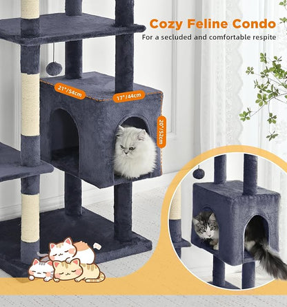 Made4Pets Tall Cat Tree, 71 Inches Cat Tree Tower for Indoor Cats Large Adult, Plush Multi-Level Cat Tower with 5 Scratching Posts, 2 Hammock, Condo and Perch, Big Cat House Indoor, Dark Grey