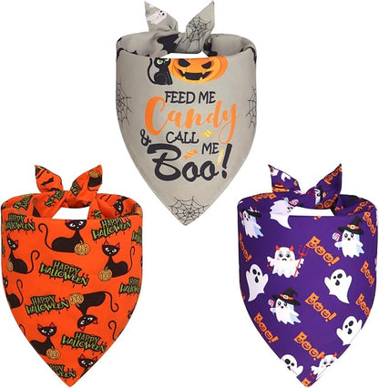Halloween Dog Bandanas Small 3PCS, 6 Pattern Fall Scarf for Boy and Girl, Triangle Reversible Bibs Breed for Puppy Pets