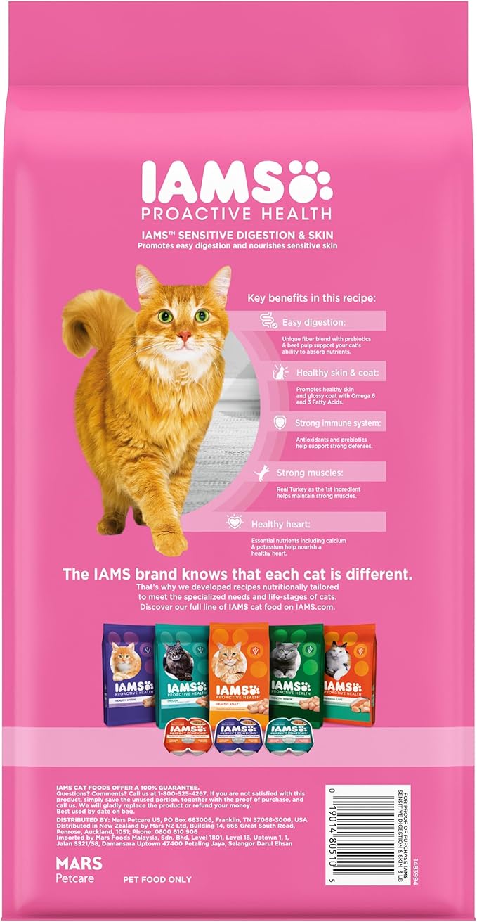 Iams IAMS PROACTIVE HEALTH Adult Sensitive Digestion & Skin Dry Cat Food with Real Turkey Cat Kibble, 3 lb. Bag