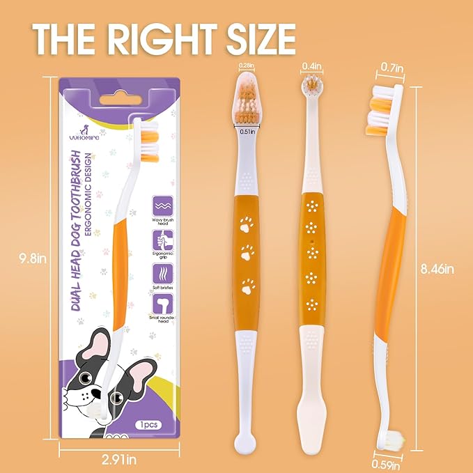 Dog Toothbrush – Newly Upgraded Dual-Head Design with 60° Wavy Bristles–Gently Surrounds Teeth for Deep Cleaning and Plaque Removal – Non-Slip Handle, Ideal for Daily Pet Dental Care (Orange, 1-Pack)