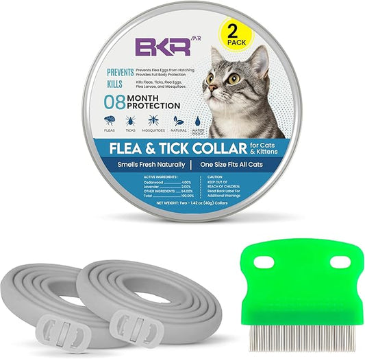 Cat Flea Collar 2 Pack 8-Month Protection Waterproof Natural Flea Collar for Cats Safe and Effective Includes Flea Comb and Tick Removal Tool Adjustable Size for All Cats & Kitten