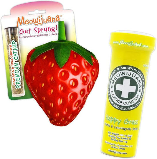 Meowijuana Strawberry Bundle | Get Sprung Refillable Strawberry Toy and Happy Grass Catnip Blend | Promotes Play and Cat Health | Includes North American Organic Catnip
