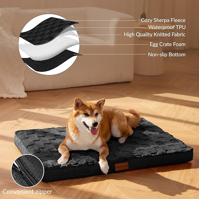 Patas Lague Orthopedic Dog Bed for Small Dogs 20''X15'', Waterproof Soft Warm Comfortable Egg Crate Foam Small Pet Beds Mat with Removable Washable Cover and Nonskid Bottom, Black
