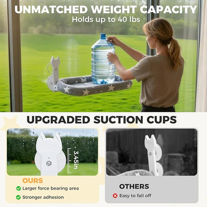 Homimp Cat Window Perch,Cordless Cat Window Hammock for Wall with 4 Strong Suction Cups,Solid Metal Frame and Two Replaceable Covers,Foldable Cats Bed for Large Cats and Kittens,Indoor Pet Seat,Grey M