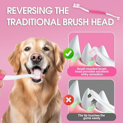 Dog Toothbrush – Newly Upgraded Dual-Head Design with 60° Wavy Bristles – Gently Surrounds Teeth for Deep Cleaning and Plaque Removal – Non-Slip Handle, Ideal for Daily Pet Dental Care (Pink, 6-Pack)