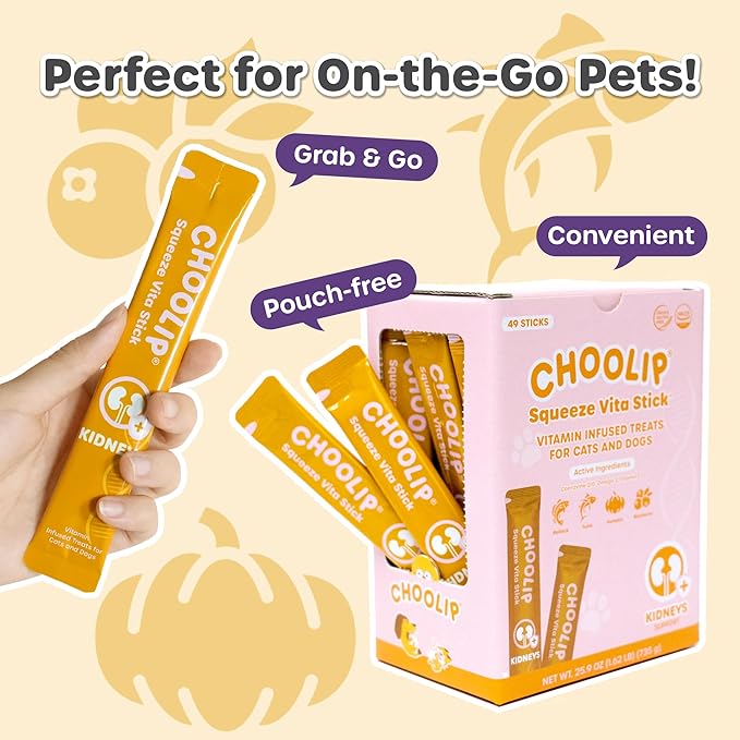 Choolip Squeeze Vita Stick Lickable Cat Treats & Dog Puree – 49-Count Kidney Support Tubes, Creamy Puree with Multivitamins for Urinary & Kidney Health, Grain-Free High-Protein Vet-Formulated Treats
