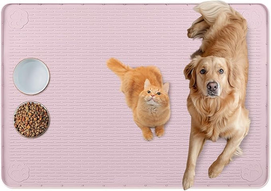 Bartuke Cat Food Mat, 34" x 22" Large Silicone Pet Feeding Mat for Food and Water Bowls Non-Slip, Easy to Clean (Pink)