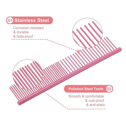 Dog Cat Comb, Pet Combs Stainless Steel Teeth with Rounded Ends for Knot Mat Loose Hair Removal, 6.5IN (Pink Coated, 3 Pack), Grooming Tool Intended for Long Curly Hair Pet