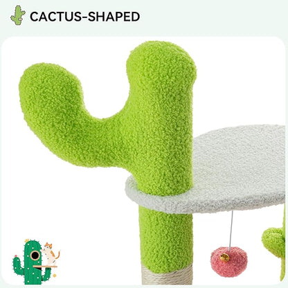 YITAHOME Cactus Cat Tree: 36 in Cats Tower for Indoor Kittens with 2 Platforms, Scratching Post, Spring Ball, Hanging Ball, Hanging Basket, Green & Pink