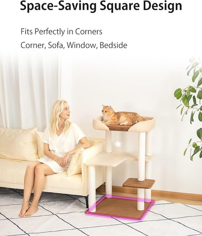 Cat Tree for Large Cats, Modern Senior Friendly Cat Tower with Wide Shelves, Cotton Scratching Posts, Super Sturdy Base, Cozy Perches, and Interactive Toys for Indoor Kittens, 37.4'' Cream