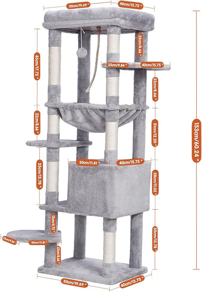Heybly Cat Tree for Large Cats 20lbs Heavy Duty,60 inches XXL Cat Tower for Indoor Cats, Multi-Level Furniture Condo with Big Padded Plush Perch, Cozy Basket, Light Gray HCT050W