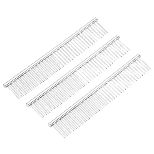 Dog Cat Comb, Pet Combs Stainless Steel Teeth with Rounded Ends for Knots Mats Loose Hair Removal, 6.5IN (Silver, 3 Pack), Grooming Tool Intended for Long Curly Hair Pet