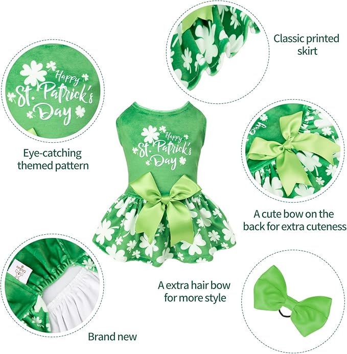 CuteBone St.Patrick's Day Dog Green Dress Velvet for Small Dogs Girl Puppy Dresses Clover Dog Clothes CVA14L-D