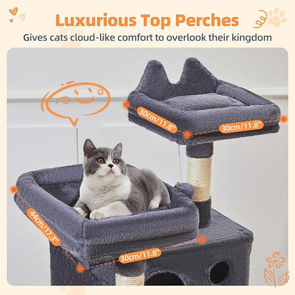 Taoqimiao Cat Tree 57.5-Inch, Cat Tower for Indoor Cats Large Adult, Extra Large Cat Condo, 8 Sisal Scratching Posts, Metal Frame Cozy Hammock, Durable Scratch Board, 2 Top Perches, Smoky Gray MS026G