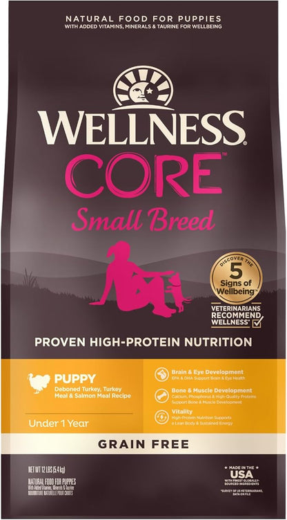 Wellness CORE Puppy Dry Dog Food, Small Breed, Grain-Free, High Protein, Natural, Turkey & Salmon Recipe, (12-Pound Bag)