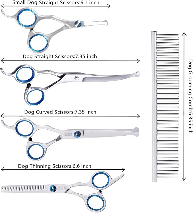6 in 1 Dog Grooming Scissors for Dogs with Safety Round Tips, Curved Dog Grooming Scissors,Professional Pet Shears Set for Dogs and Cats, Blue