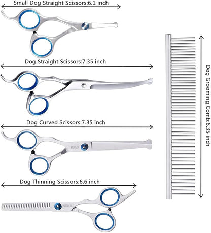 6 in 1 Dog Grooming Scissors for Dogs with Safety Round Tips, Curved Dog Grooming Scissors,Professional Pet Shears Set for Dogs and Cats, Blue