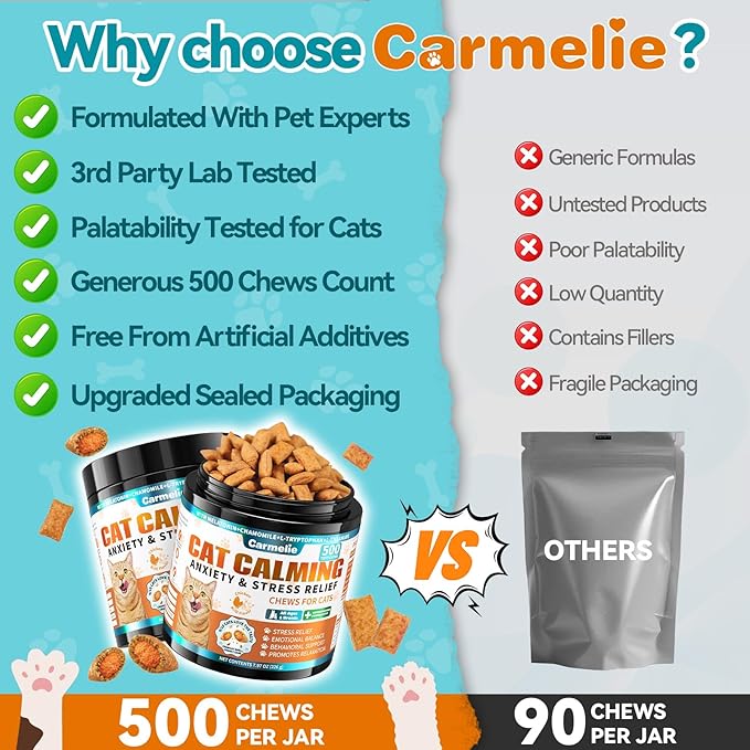 Cat Calming Treats, 500 Crunchy & Creamy Calming Cat Treats with Melatonin, Chamomile for Cats Stress and Anxiety Relief - Travel, Boarding, Vet Visits, Separation Anxiety, Chicken and Krill Flavored