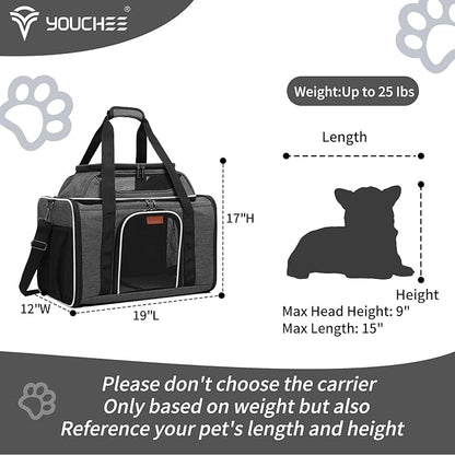 19" L x 12" W x 17" H Inches Cat, Dog Carrier for Pets Up to 25 Ibs, Washable，Soft Sided，Collapsible Travel Puppy Carrier. (Grey)