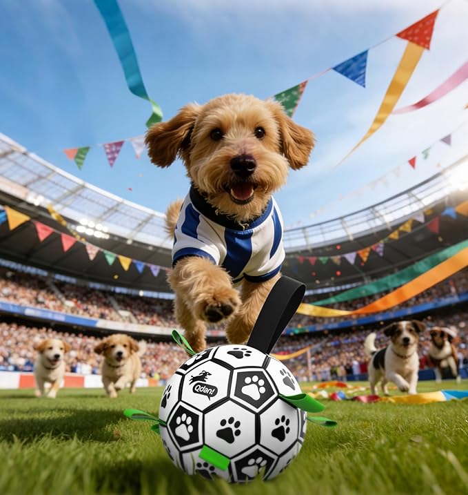 QDAN Dog Toys Dog Balls, World Cup Dog Soccer Ball with Straps, Dog Birthday, Herding Ball, Durable Balls for Small Medium Pet, Puppy Outdoor Toy (6 Inch)