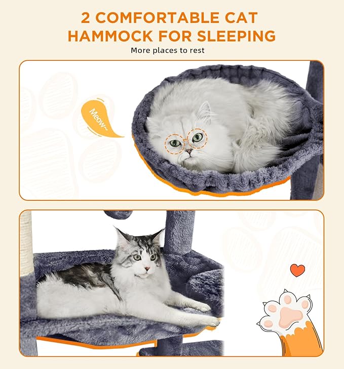 Made4Pets Tall Cat Tree, 71 Inches Cat Tree Tower for Indoor Cats Large Adult, Plush Multi-Level Cat Tower with 5 Scratching Posts, 2 Hammock, Condo and Perch, Big Cat House Indoor, Dark Grey