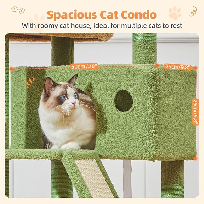 Taoqimiao Cactus Cat Tree, 57.5-Inch Cat Tower for Indoor Cats Large Adult, Extra Large Cat Condo, 8 Sisal Scratching Posts, Metal Frame Cozy Hammock, Durable Scratch Board, 2 Top Perches, MSC026