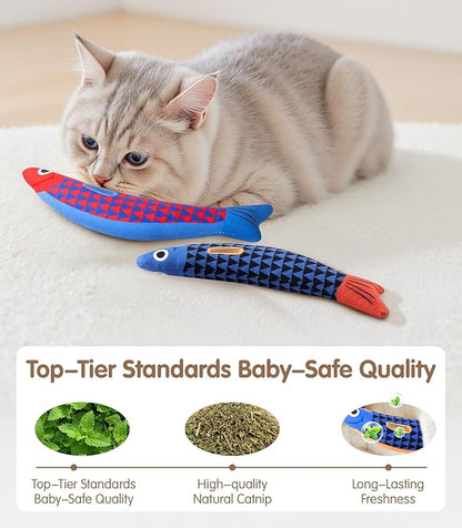 Interactive Cat Toys with [5000mg A+ Natural Catnip &Silvervine] [Baby Grade] Soft Chew Kicker Cat Toys for Indoor Cats & Kittens, Crinkle &Bell Fish Sound Toy, Drives Bored Cats Crazy with Fun,2 Pack