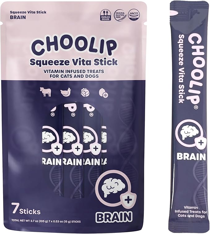 Choolip Squeeze Vita Stick Lickable Cat Treats & Dog Puree – 7-Count Brain Support Tubes, Creamy Grain-Free High-Protein Puree with DHA, Omega 3 & Vitamin B12 for Memory & Cognitive Health