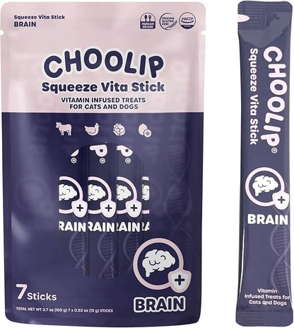Choolip Squeeze Vita Stick Lickable Cat Treats & Dog Puree – 7-Count Brain Support Tubes, Creamy Grain-Free High-Protein Puree with DHA, Omega 3 & Vitamin B12 for Memory & Cognitive Health