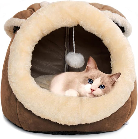 Lcybem Cat Beds for Indoor Cats - Rabbit-Shaped Cat Cave Bed with Hanging Toy,Super Soft Calming Pet Bed for Kitten,Small Dog