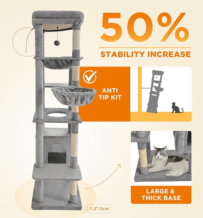 Made4Pets Tall Cat Tree, 71 Inches Cat Tree Tower for Indoor Cats Large Adult, Plush Multi-Level Cat Tower with 5 Scratching Posts, 2 Hammock, Condo and Perch, Big Cat House Indoor, Grey