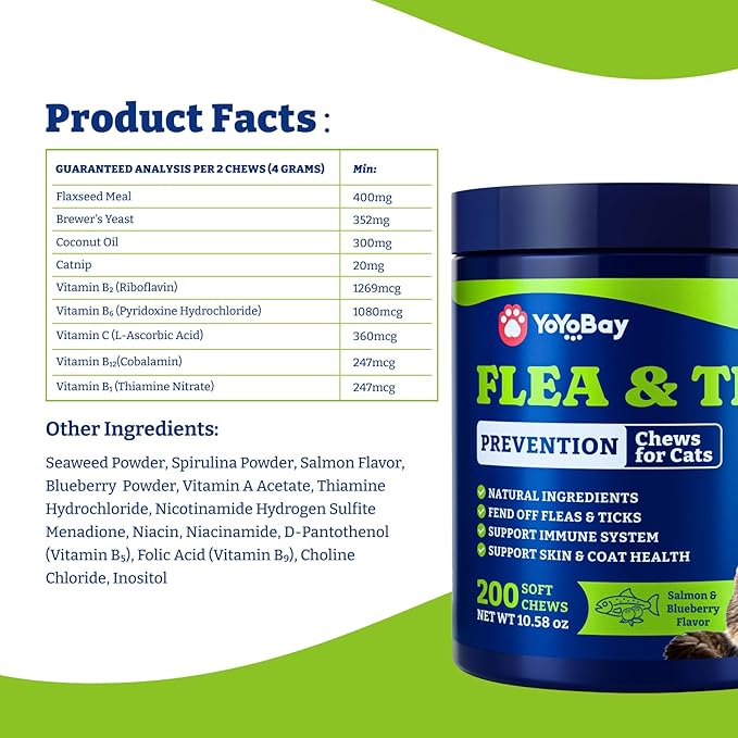 Flea and Tick Prevention for Cats - 200 Soft Chews Natural Cat Flea Treatment, Salmon & Blueberry Flavor - Flea Treatment for Cats, Cat Oral Flea, Immune Support Supplement