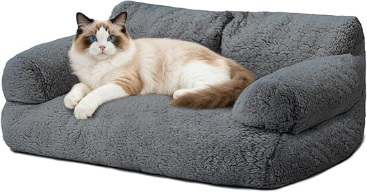 Plush Cat Couch Bed - Cat Bed for Indoor Cats, Dog Sofa Bed, Cotton Fleece Calming Pet Couch with Removable Cover, Breathable Pet Sofa for Small/Medium Pets (26×18×12in, Dark Grey)