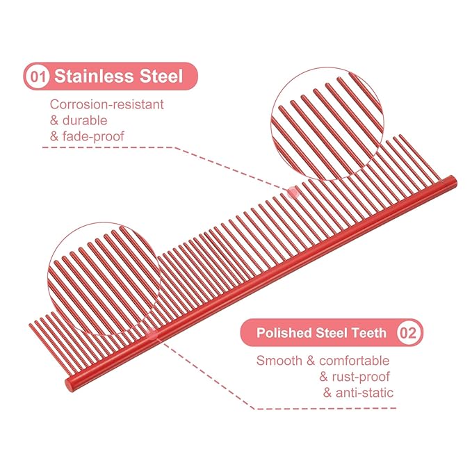 Dog Cat Comb, Pet Combs Stainless Steel Teeth with Rounded Ends for Knots Mats Loose Hair Removal, 7.5IN (Red Coated, 3 Pack), Grooming Tool Intended for Long Curly Hair Pet