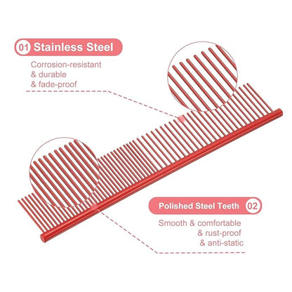 Dog Cat Comb, Pet Combs Stainless Steel Teeth with Rounded Ends for Knots Mats Loose Hair Removal, 6.5/7.5IN (Red Coated, 2 Pack), Grooming Tool Intended for Long Curly Hair Pet