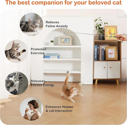 Cat Wand Toy – Retractable Wand with 4 Feather Toy Refills for Indoor Cats Enrichment, Interactive Cat Toy for Bored Adult Cats and High-Energy Kittens (BioBugs Serie)