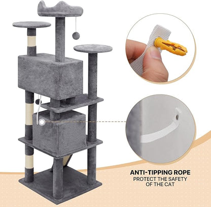 MoNiBloom 60 Inch Cat Tree Tower for Indoor Cats Large Adults, Cat Tower with Scratching Post, Multi-Level Furniture Activity Center with Cat Condo Pet Play House, Smoky Grey