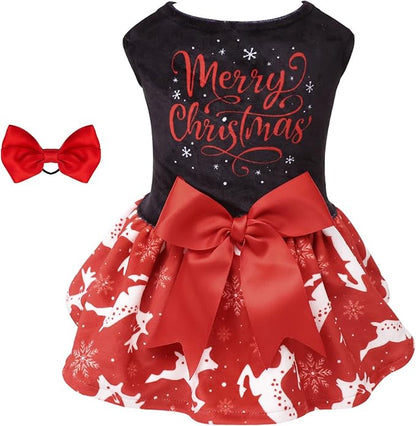CuteBone Merry Christmas Dog Dress Velvet for Small Dogs Girl Reindeer Puppy Dresses Red Dog Clothes CVA04XXS-D
