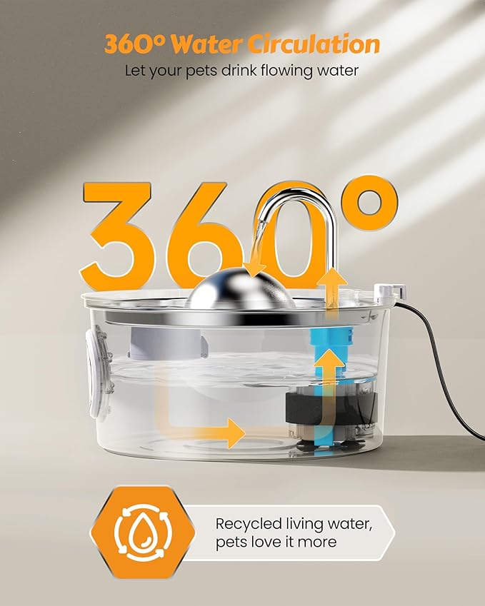 AONBOY Cat Water Fountain Stainless Steel, 108oz/3.2L Cat Fountain, Pet Water Fountain with Water Level Window, Hemispherical Shape, Multi-Filter, Silent Pump, Water Tap, Provides Flowing Water