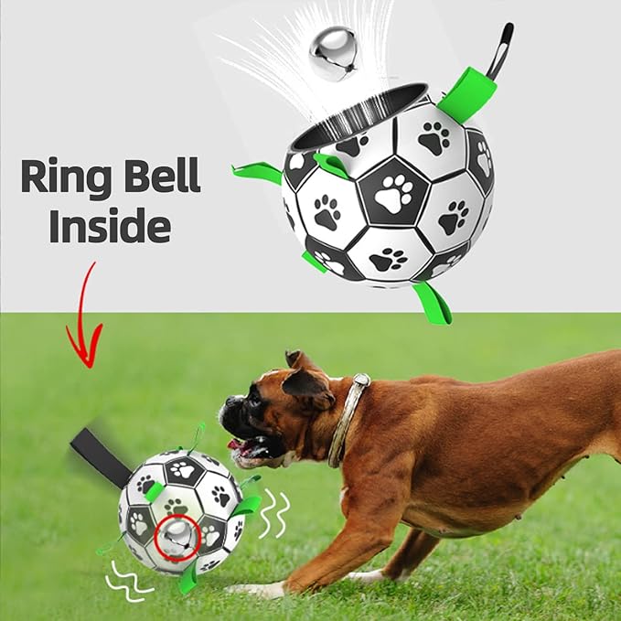 QDAN Dog Soccer Balls Toy with Bell Inside, Outdoor Interactive Toys for Tug of War, Puppy Birthday Gifts, Water Toy, Durable Ropes Squeaky Ball for Small Medium Dogs （6 INCH）