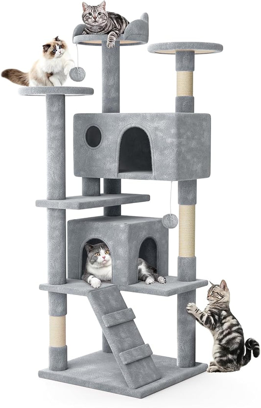 MoNiBloom 70 Inch Cat Tree Tower for Indoor Cats Large Adults, Tall Cat Tower with Scratching Post, Multi-Level Furniture Activity Center with Cat Condo Pet Play House, Light Grey