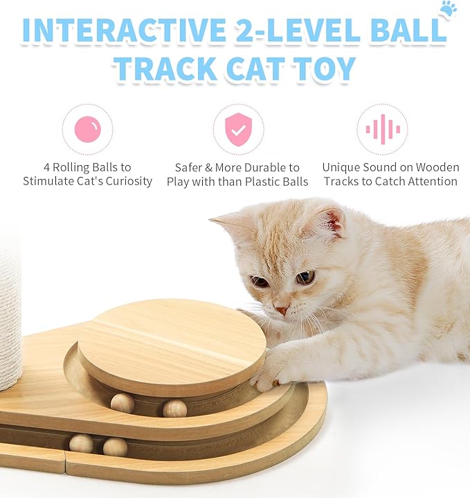 Made4Pets Cat Scratching Post Cat Scratcher Kitten Toys for Indoor Cats Wooden Ball Track Two-Layer Modern Sisal 32" Tall Scratch Post Interactive Toy with Dangling Ball Large Size