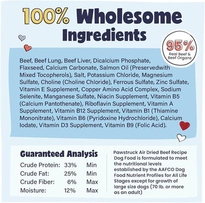 Pawstruck Air Dried Dog Food with Real Beef, Grain-Free, Made in USA, Non-GMO & Vet Recommended, High Protein Limited Ingredient Full-Feed for All Breeds & Ages, 2lb Bag