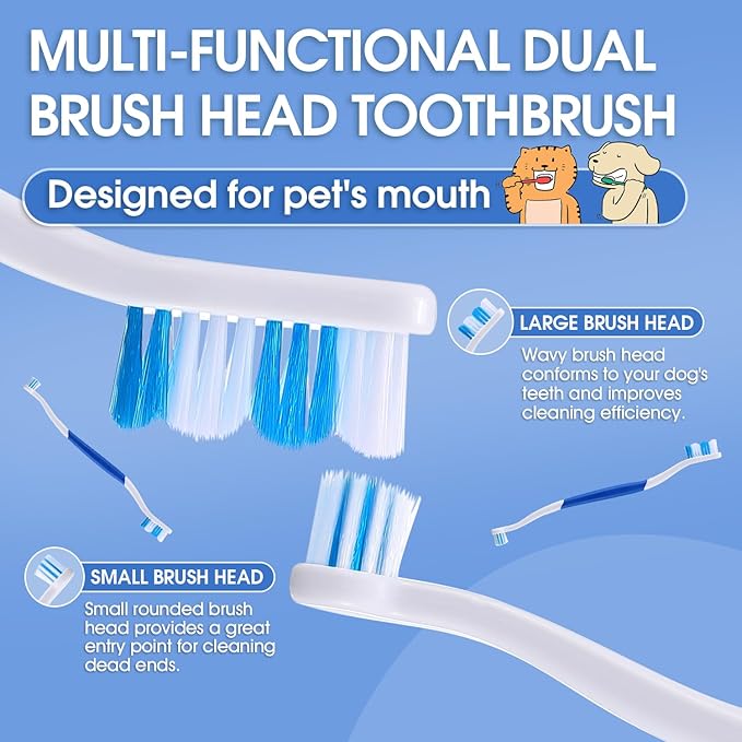 Dog Toothbrush – Newly Upgraded Dual-Head Design with 60° Wavy Bristles – Gently Surrounds Teeth for Deep Cleaning and Plaque Removal – Non-Slip Handle, Ideal for Daily Pet Dental Care (Blue, 2-Pack)